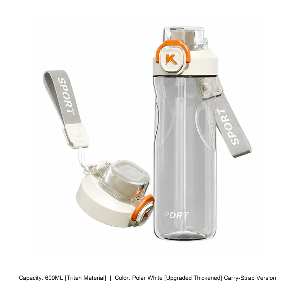 Heat-Resistant Thickened Plastic Straw Sports Bottle — 600ML [Tritan Material] / Polar White [Upgraded Thickened] Carry-Strap Version