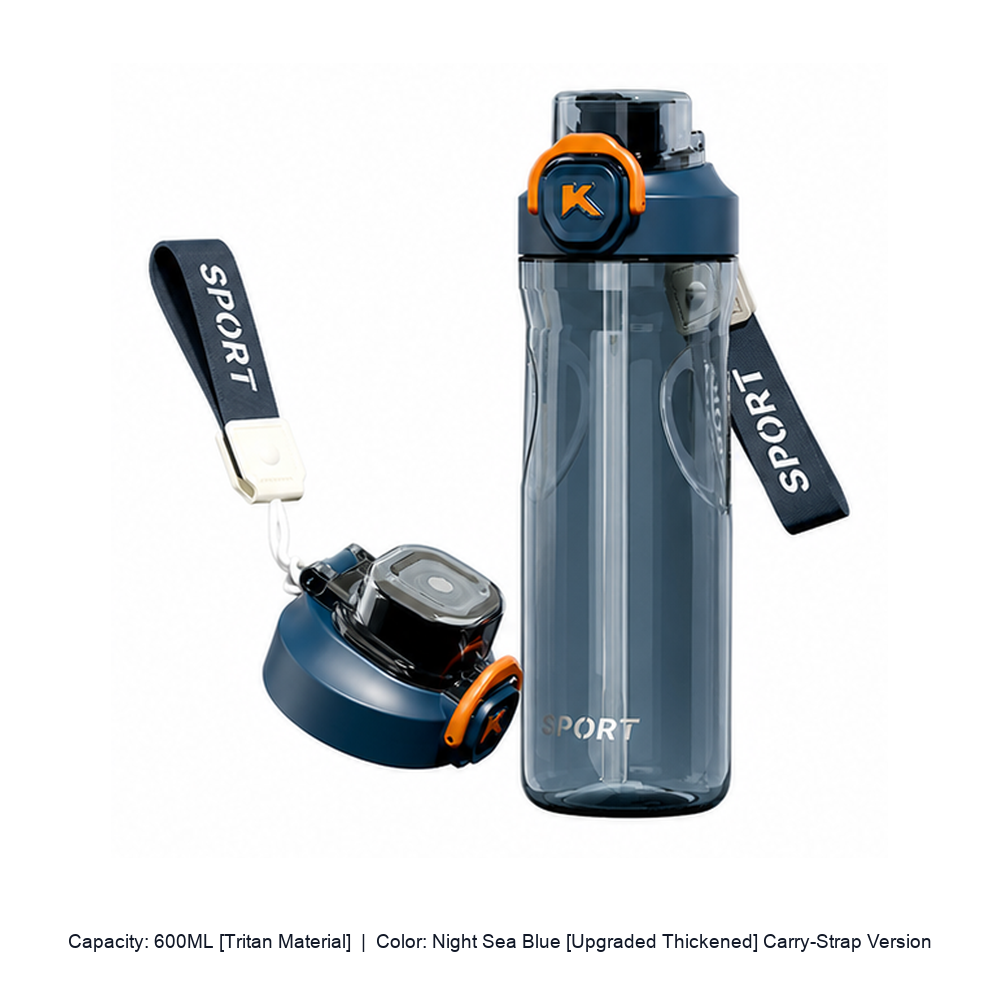 Heat-Resistant Thickened Plastic Straw Sports Bottle — 600ML [Tritan Material] / Night Sea Blue [Upgraded Thickened] Carry-Strap Version
