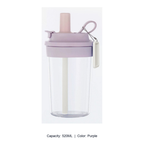Heat-Resistant Tritan Dual-Drink Straw Bottle — 520ML / Purple