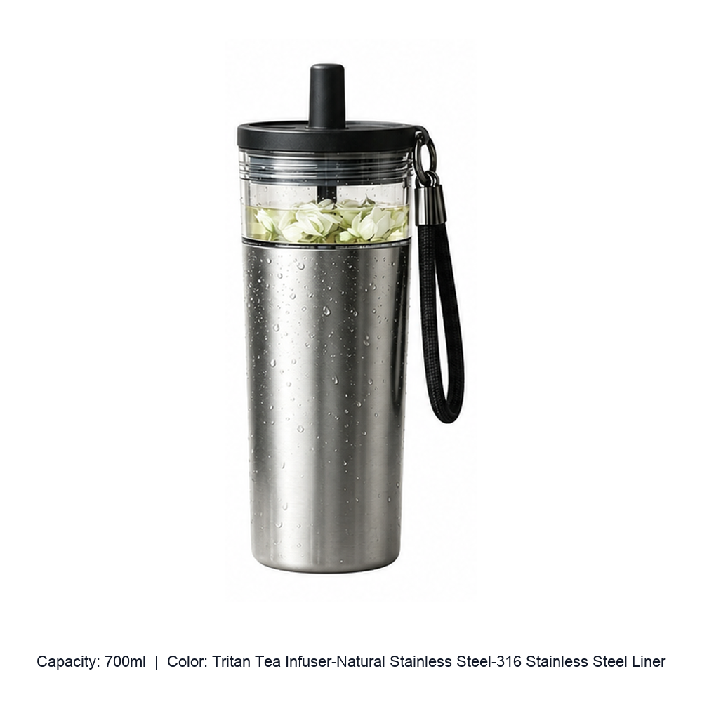 Large-Capacity 316 Stainless Steel Tea Infuser Tumbler — 700ml / Tritan Tea Infuser-Natural Stainless Steel-316 Stainless Steel Liner