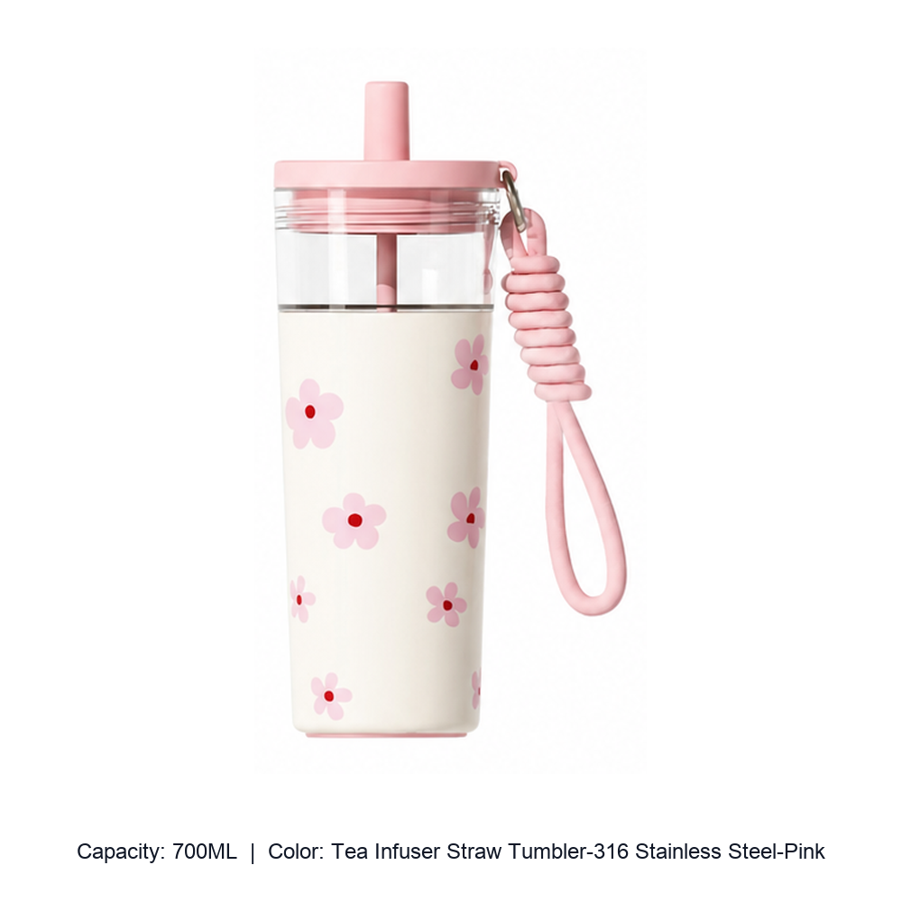 Large-Capacity Stainless Steel Tea Infuser Straw Tumbler — 700ML / Tea Infuser Straw Tumbler-316 Stainless Steel-Pink