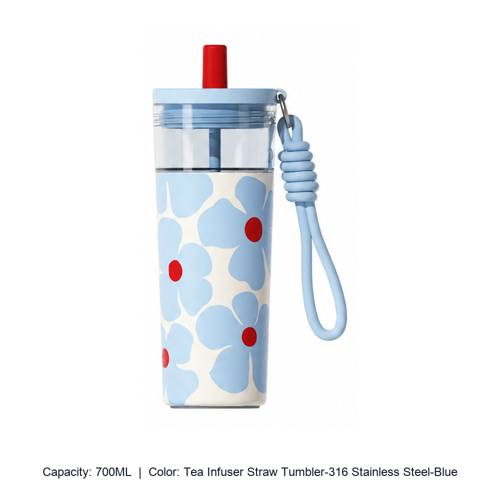 Large-Capacity Stainless Steel Tea Infuser Straw Tumbler — 700ML / Tea Infuser Straw Tumbler-316 Stainless Steel-Blue