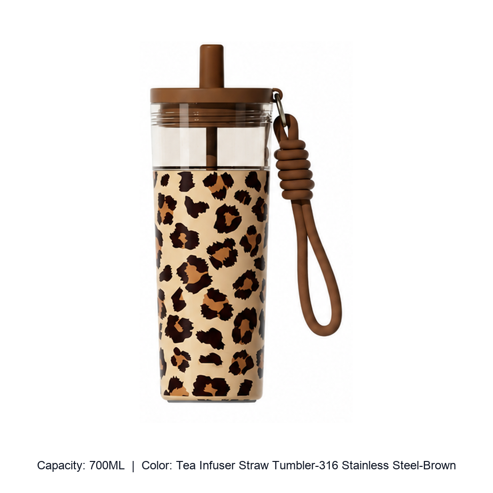 Large-Capacity Stainless Steel Tea Infuser Straw Tumbler — 700ML / Tea Infuser Straw Tumbler-316 Stainless Steel-Brown