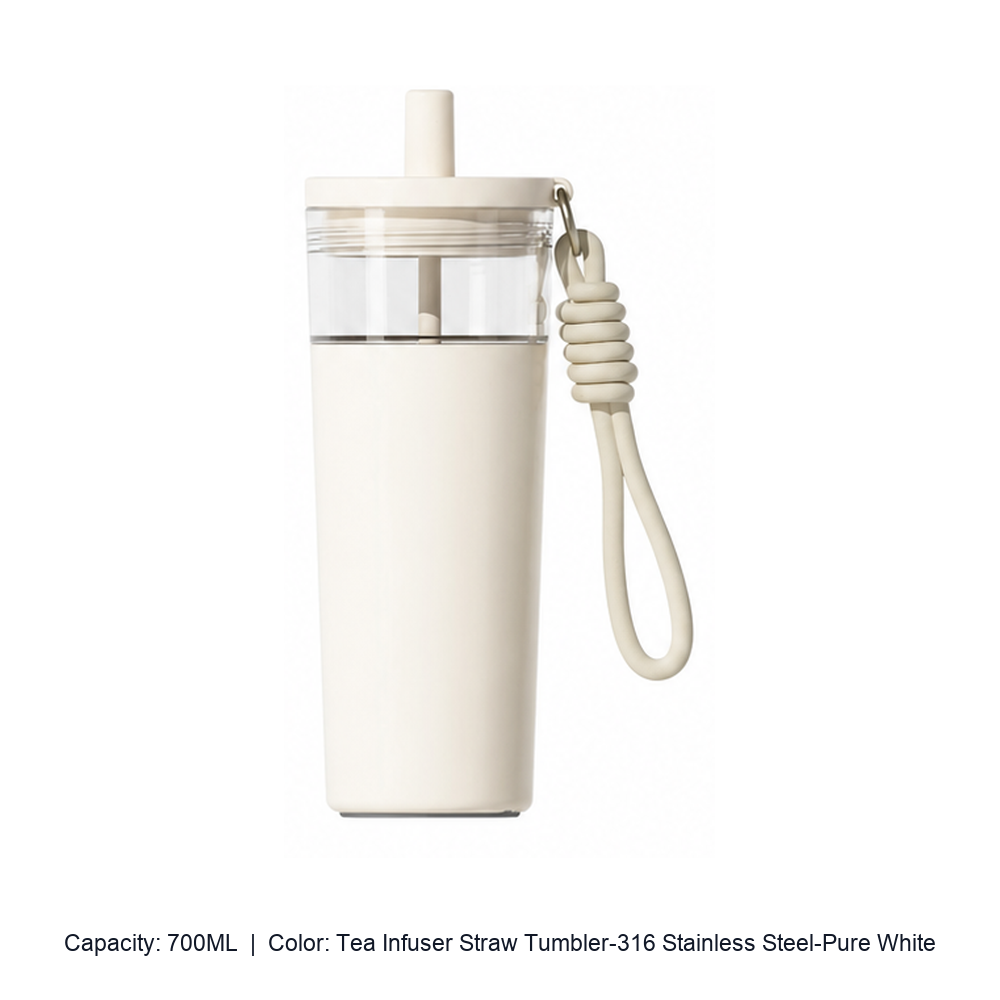 Large-Capacity Stainless Steel Tea Infuser Straw Tumbler — 700ML / Tea Infuser Straw Tumbler-316 Stainless Steel-Pure White
