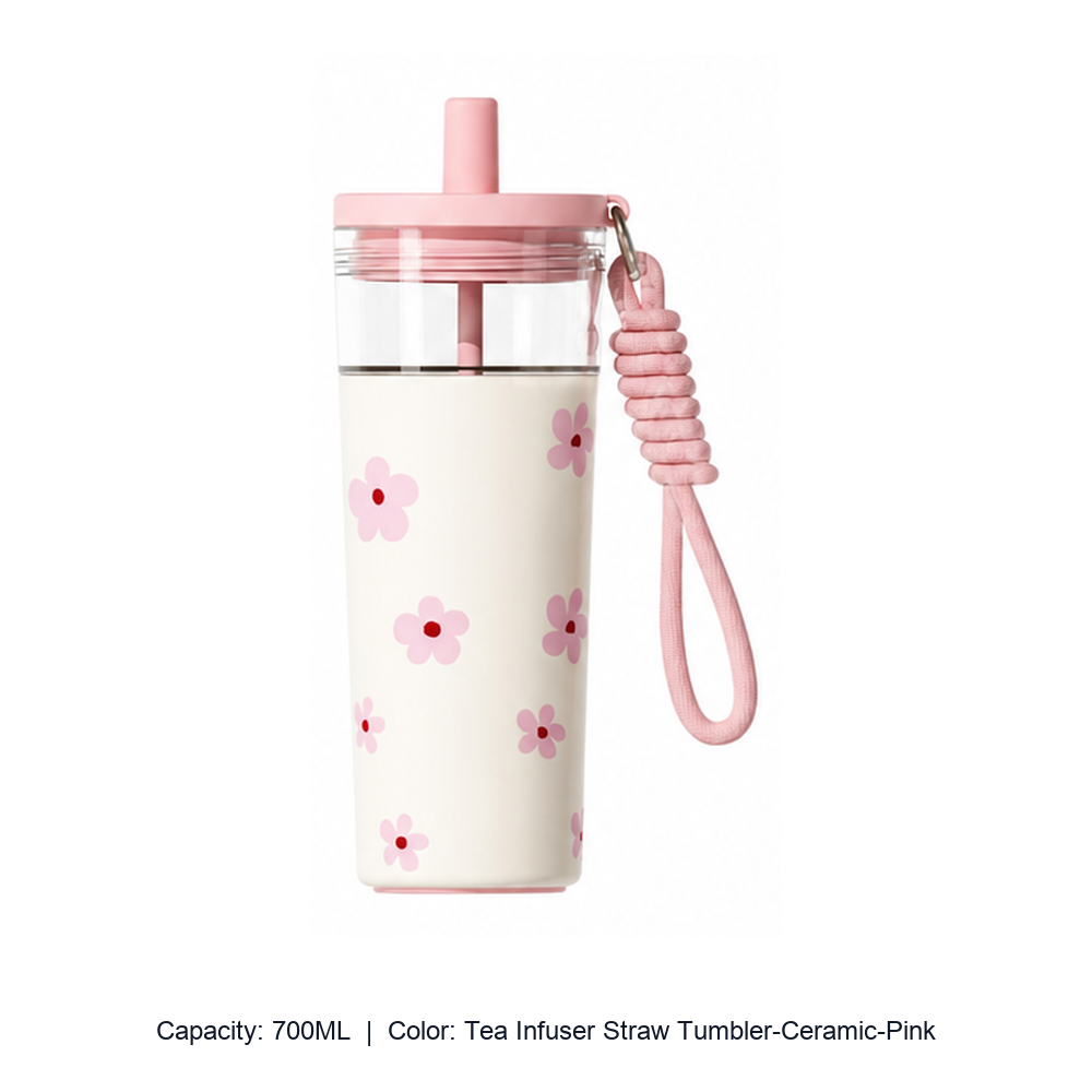 Large-Capacity Stainless Steel Tea Infuser Straw Tumbler — 700ML / Tea Infuser Straw Tumbler-Ceramic-Pink