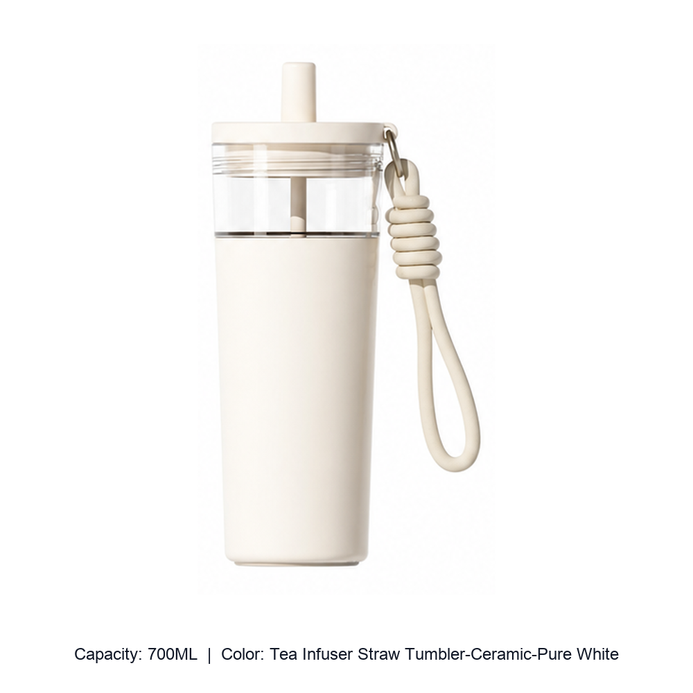 Large-Capacity Stainless Steel Tea Infuser Straw Tumbler — 700ML / Tea Infuser Straw Tumbler-Ceramic-Pure White
