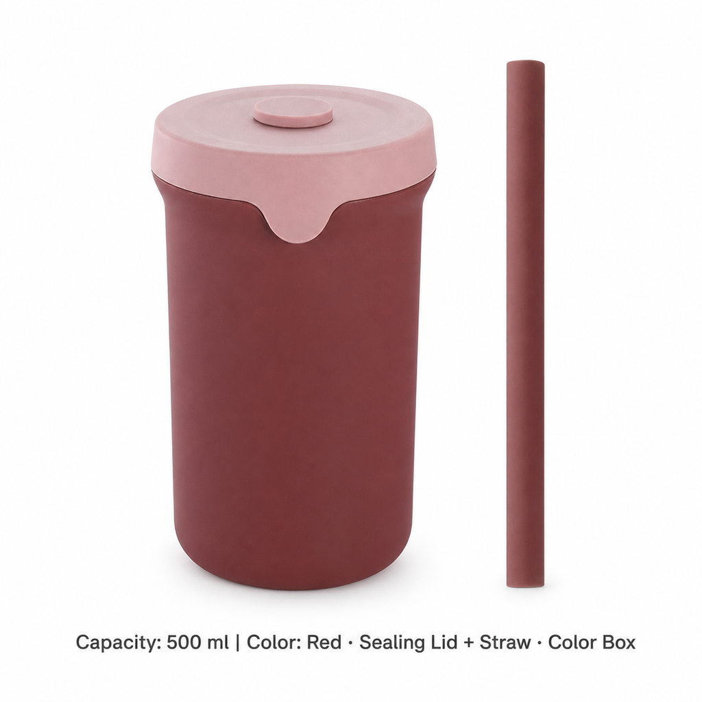 Portable Silicone Straw Bottle, 500ml — 500 ml / Red · Sealing Lid + Straw · Color Box