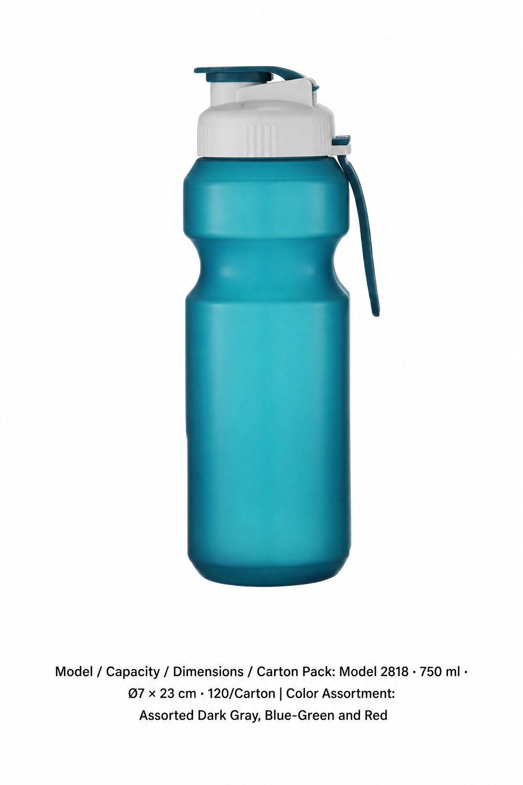 PP One-Touch Sports Bottle — Assorted Dark Gray, Blue-Green and Red / Model 2818 · 750 ml · Ø7 × 23 cm · 120/Carton