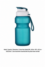 PP One-Touch Sports Bottle — Assorted Dark Gray, Blue-Green and Red / Model 2819 · 560 ml · Ø7.5 × 18.5 cm · 240/Carton