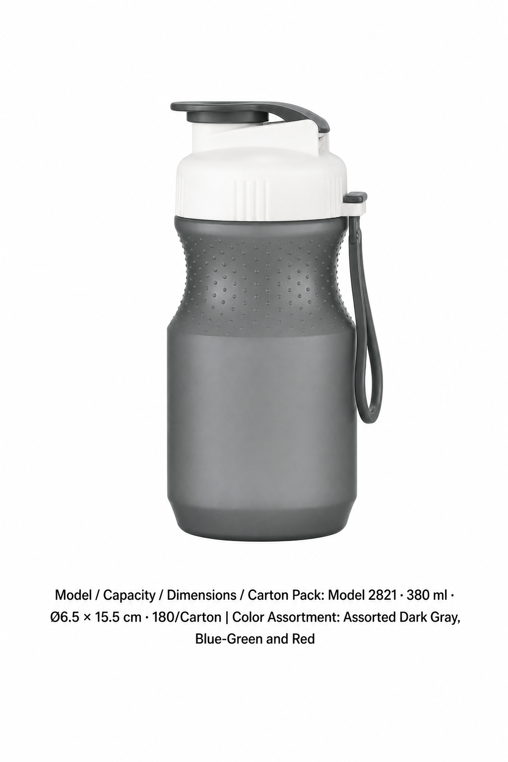 PP One-Touch Sports Bottle — Assorted Dark Gray, Blue-Green and Red / Model 2821 · 380 ml · Ø6.5 × 15.5 cm · 180/Carton