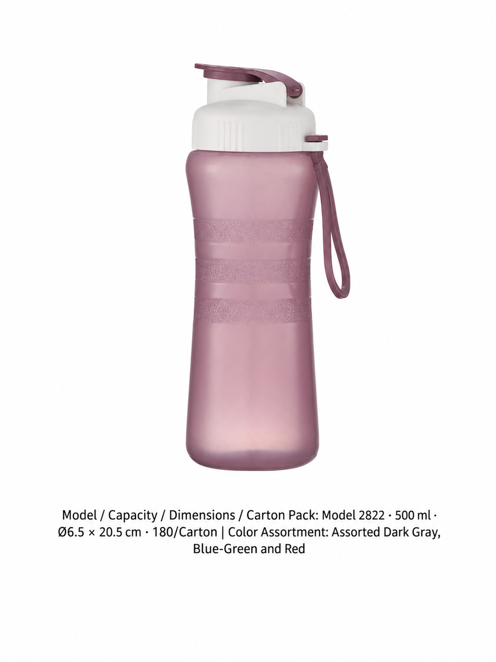 PP One-Touch Sports Bottle — Assorted Dark Gray, Blue-Green and Red / Model 2822 · 500 ml · Ø6.5 × 20.5 cm · 180/Carton