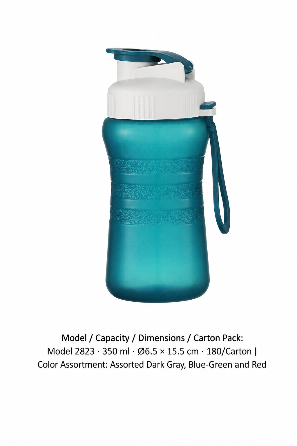PP One-Touch Sports Bottle — Assorted Dark Gray, Blue-Green and Red / Model 2823 · 350 ml · Ø6.5 × 15.5 cm · 180/Carton