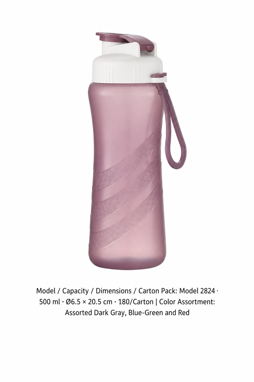 PP One-Touch Sports Bottle — Assorted Dark Gray, Blue-Green and Red / Model 2824 · 500 ml · Ø6.5 × 20.5 cm · 180/Carton