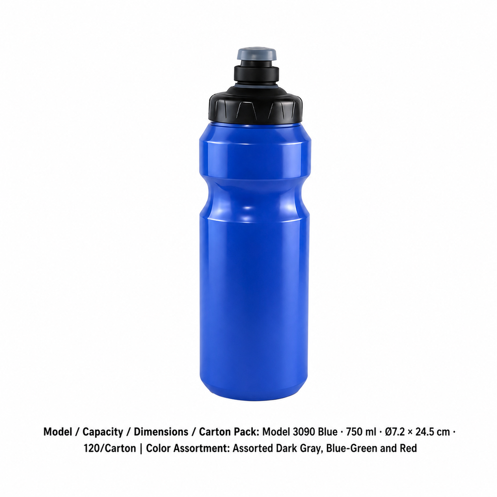 PP One-Touch Sports Bottle — Assorted Dark Gray, Blue-Green and Red / Model 3090 Blue · 750 ml · Ø7.2 × 24.5 cm · 120/Carton