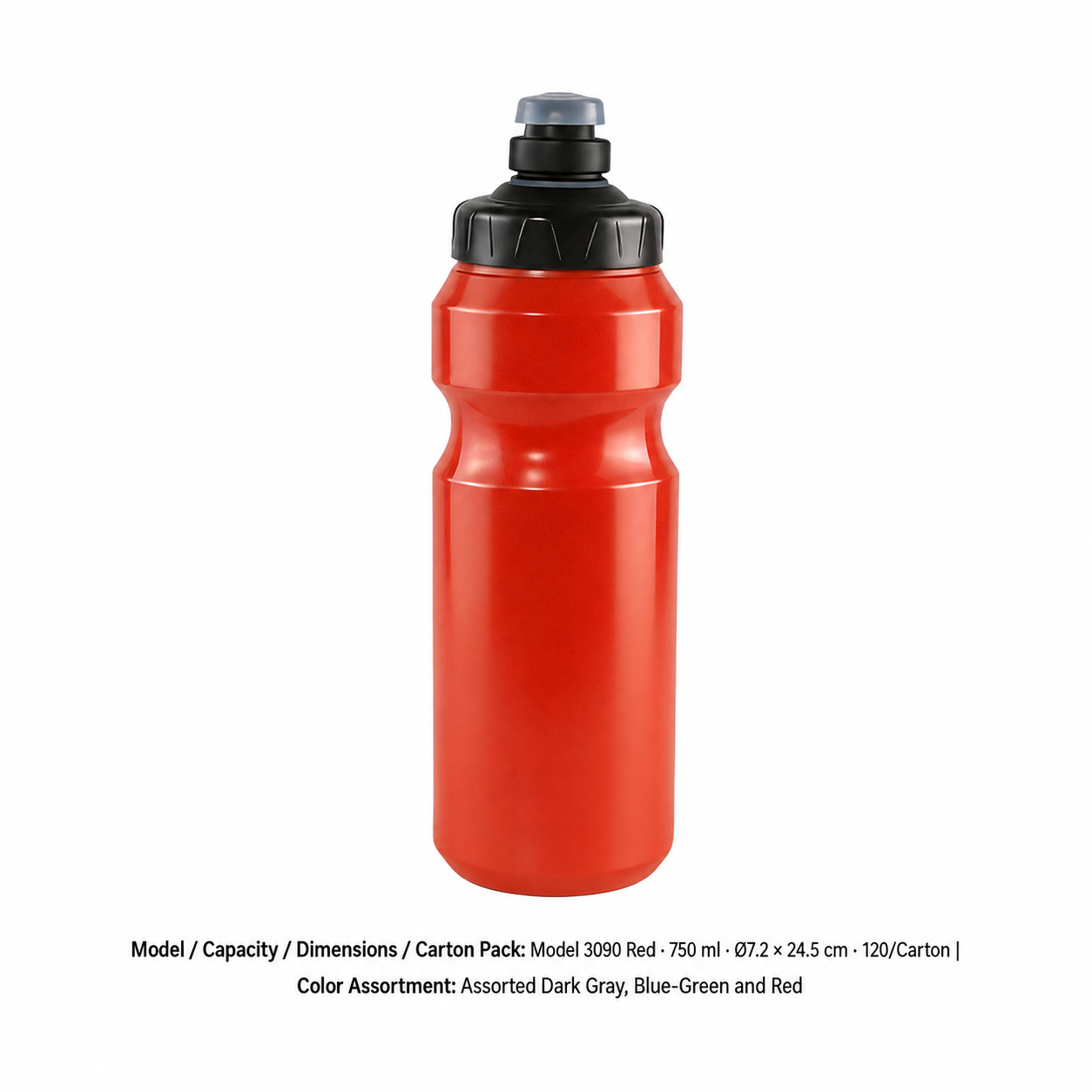 PP One-Touch Sports Bottle — Assorted Dark Gray, Blue-Green and Red / Model 3090 Red · 750 ml · Ø7.2 × 24.5 cm · 120/Carton