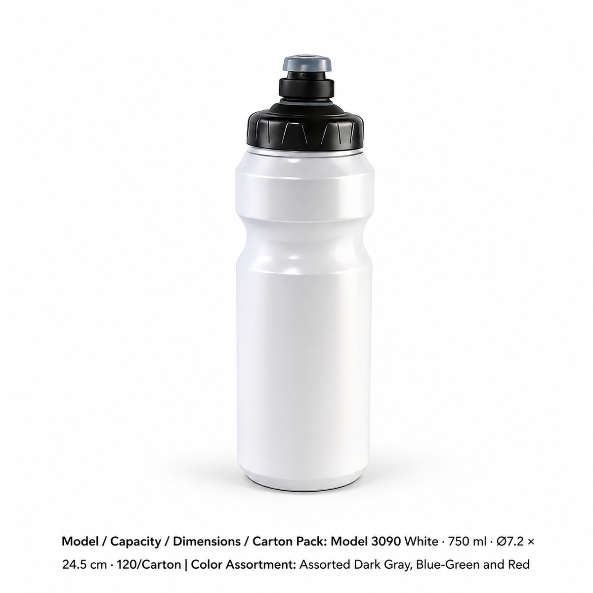 PP One-Touch Sports Bottle — Assorted Dark Gray, Blue-Green and Red / Model 3090 White · 750 ml · Ø7.2 × 24.5 cm · 120/Carton