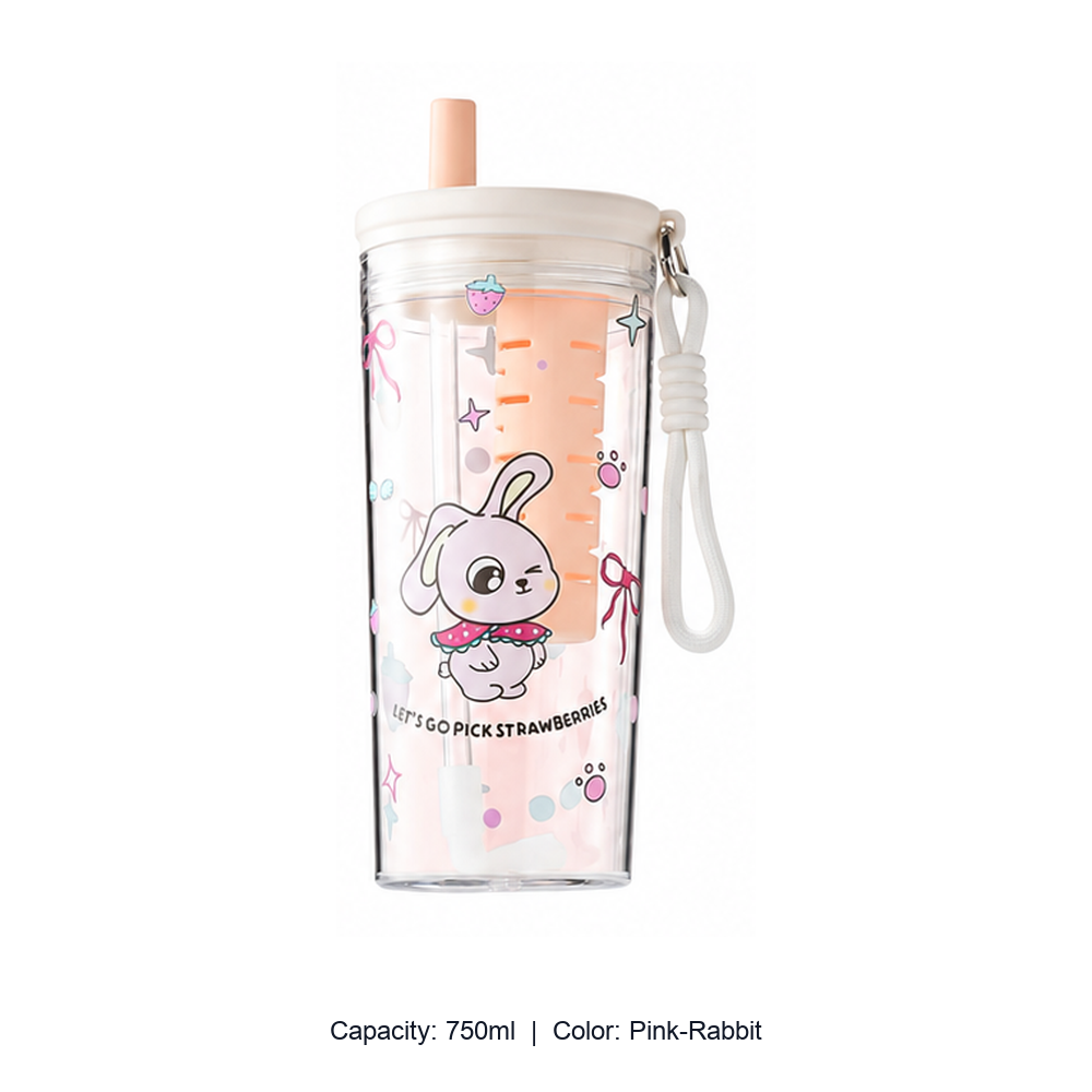 Tritan Pet-Themed Straw Bottle with Tea Infuser — 750ml / Pink-Rabbit