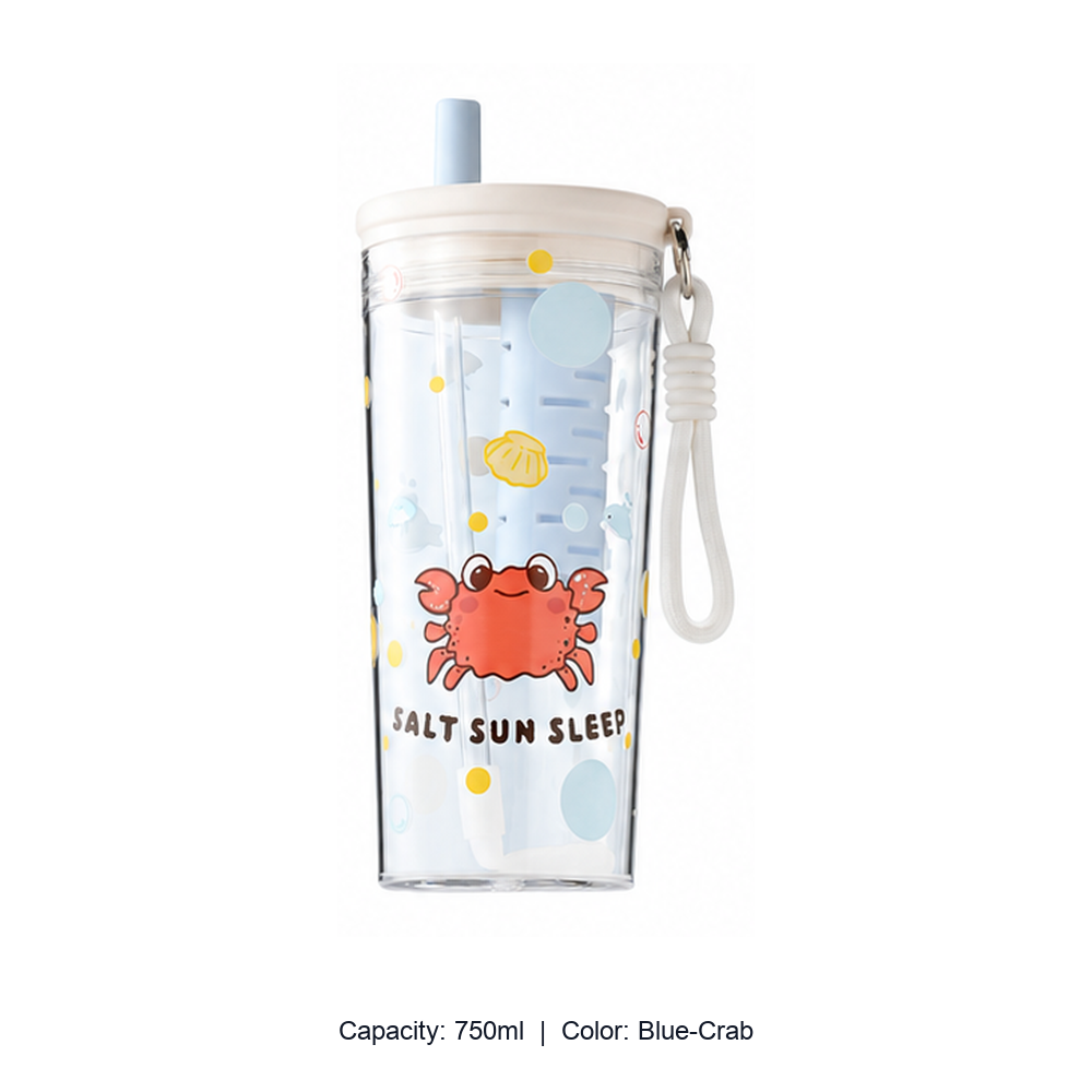 Tritan Pet-Themed Straw Bottle with Tea Infuser — 750ml / Blue-Crab