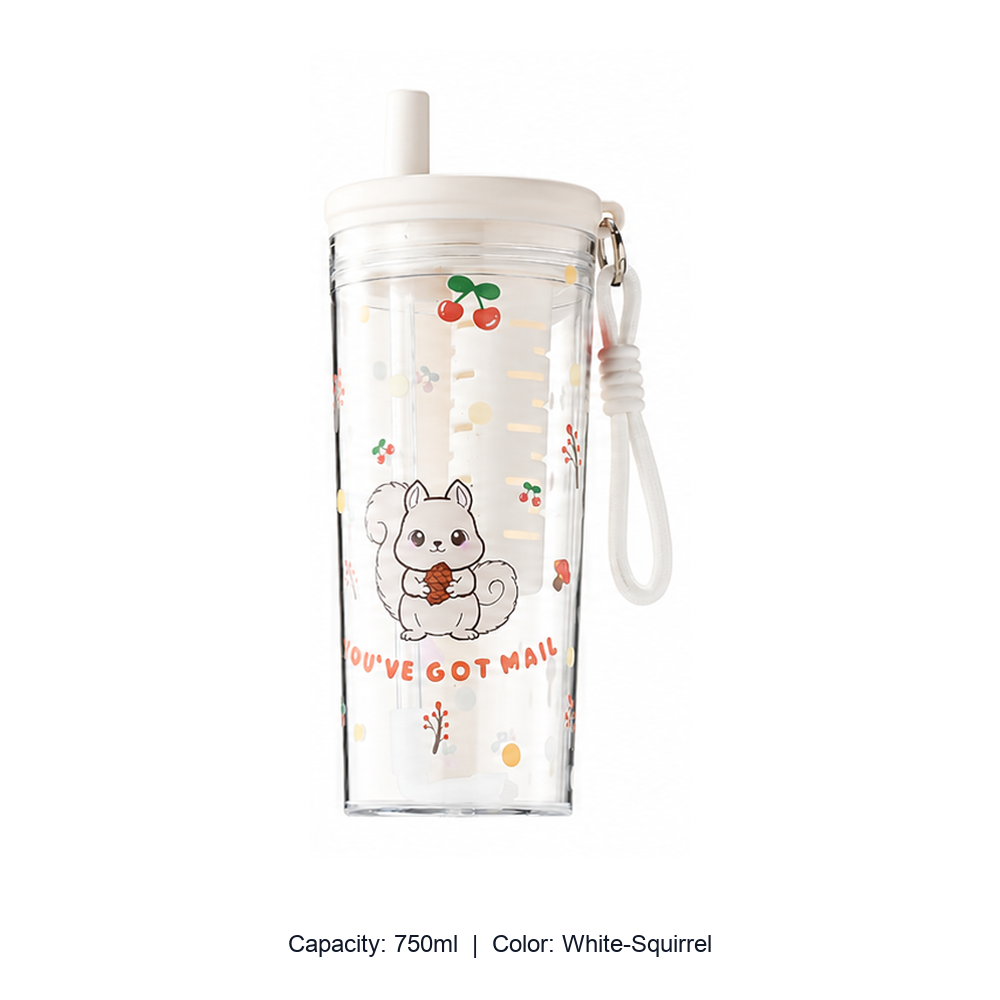 Tritan Pet-Themed Straw Bottle with Tea Infuser — 750ml / White-Squirrel
