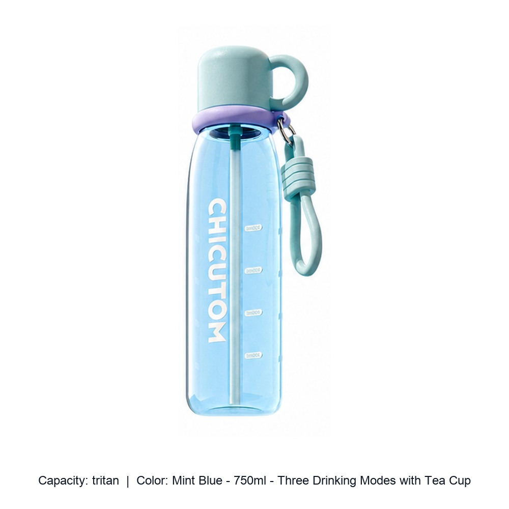 Tritan Straw Sports Bottle with Carry Strap — tritan / Mint Blue - 750ml - Three Drinking Modes with Tea Cup