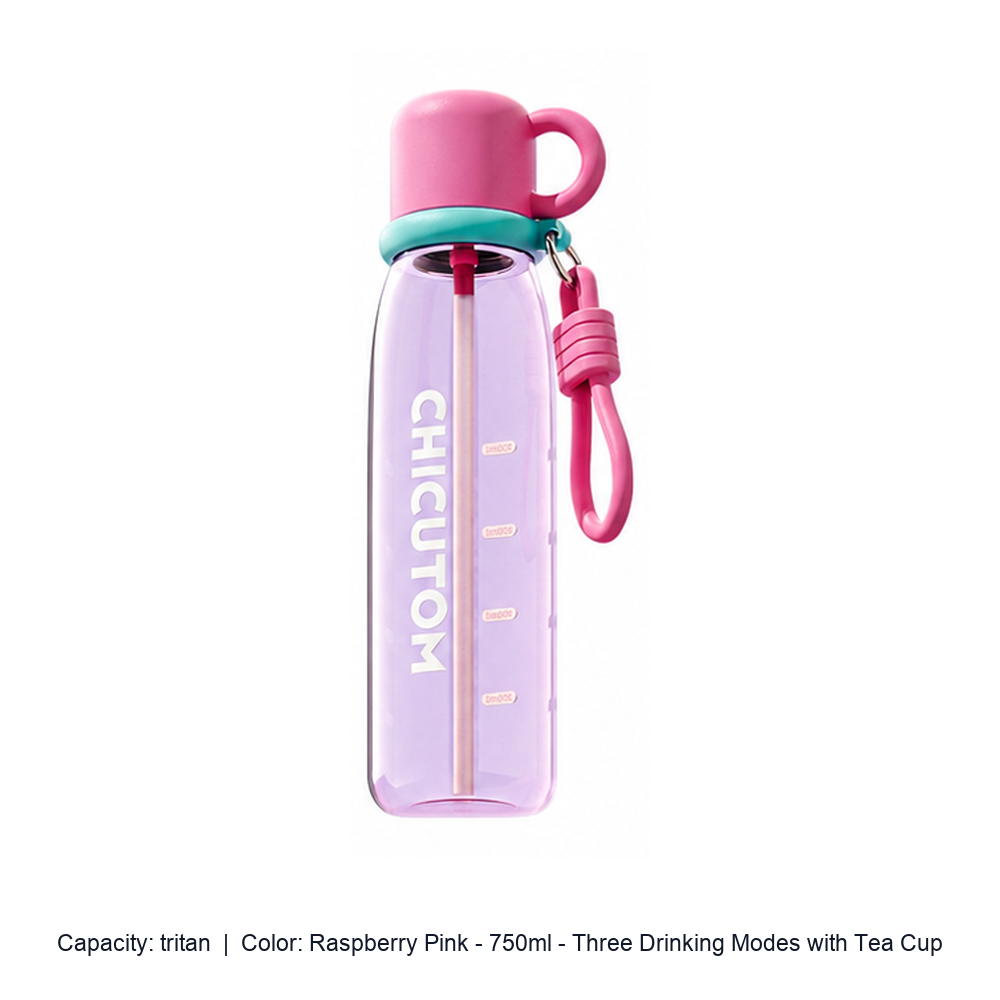 Tritan Straw Sports Bottle with Carry Strap — tritan / Raspberry Pink - 750ml - Three Drinking Modes with Tea Cup