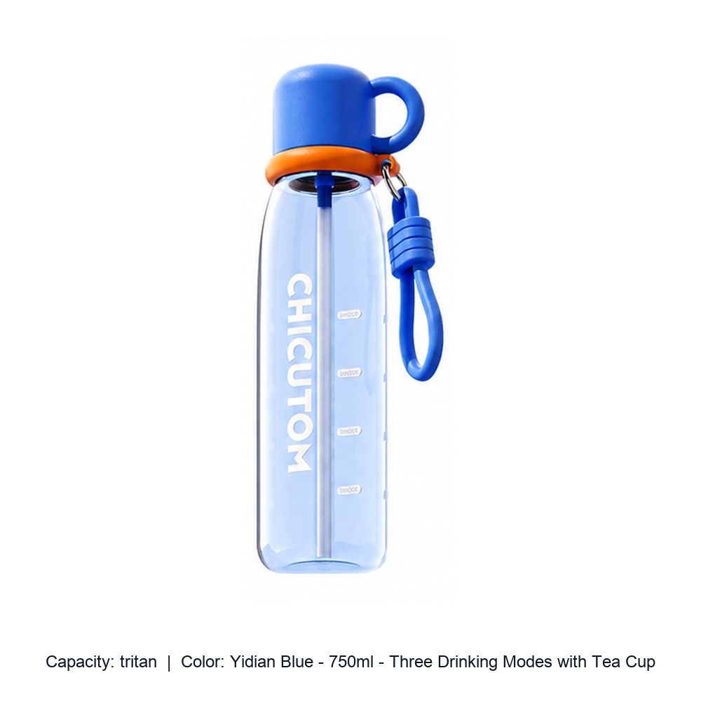 Tritan Straw Sports Bottle with Carry Strap — tritan / Yidian Blue - 750ml - Three Drinking Modes with Tea Cup