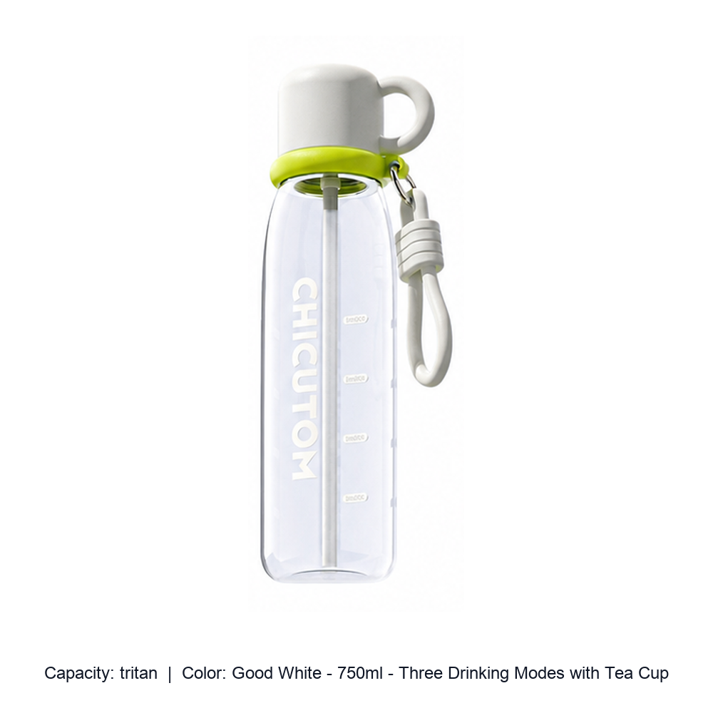 Tritan Straw Sports Bottle with Carry Strap — tritan / Good White - 750ml - Three Drinking Modes with Tea Cup