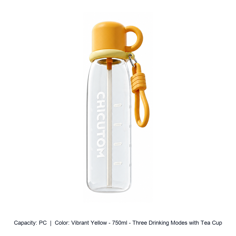 Tritan Straw Sports Bottle with Carry Strap — PC / Vibrant Yellow - 750ml - Three Drinking Modes with Tea Cup
