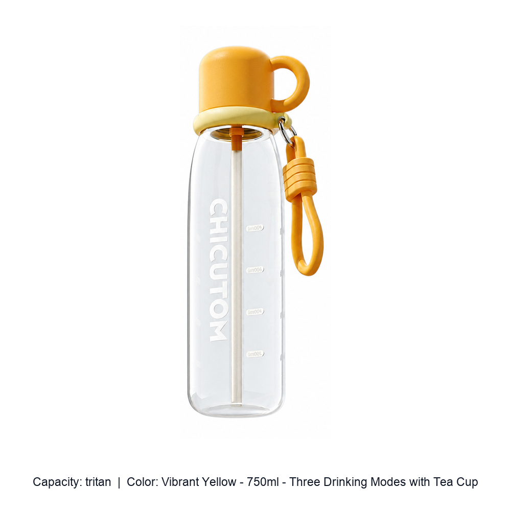 Tritan Straw Sports Bottle with Carry Strap — tritan / Vibrant Yellow - 750ml - Three Drinking Modes with Tea Cup